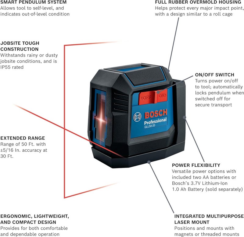 BOSCH GLL50-20 ليزر متقاطع ذاتي التسوية بطول 50 قدم، يشمل قاعدة مغناطيسية مدمجة و 2 بطارية AA - Image 2
